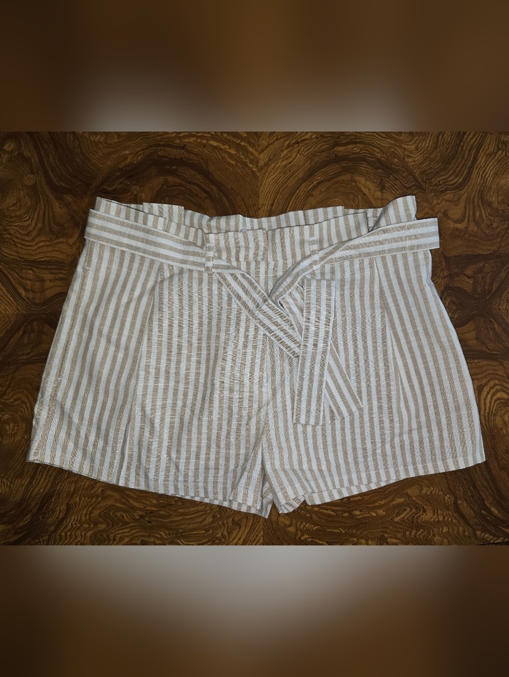 Love Tree Tan/White Striped Belted Cotton Blend Paperbag Shorts Womens Size M